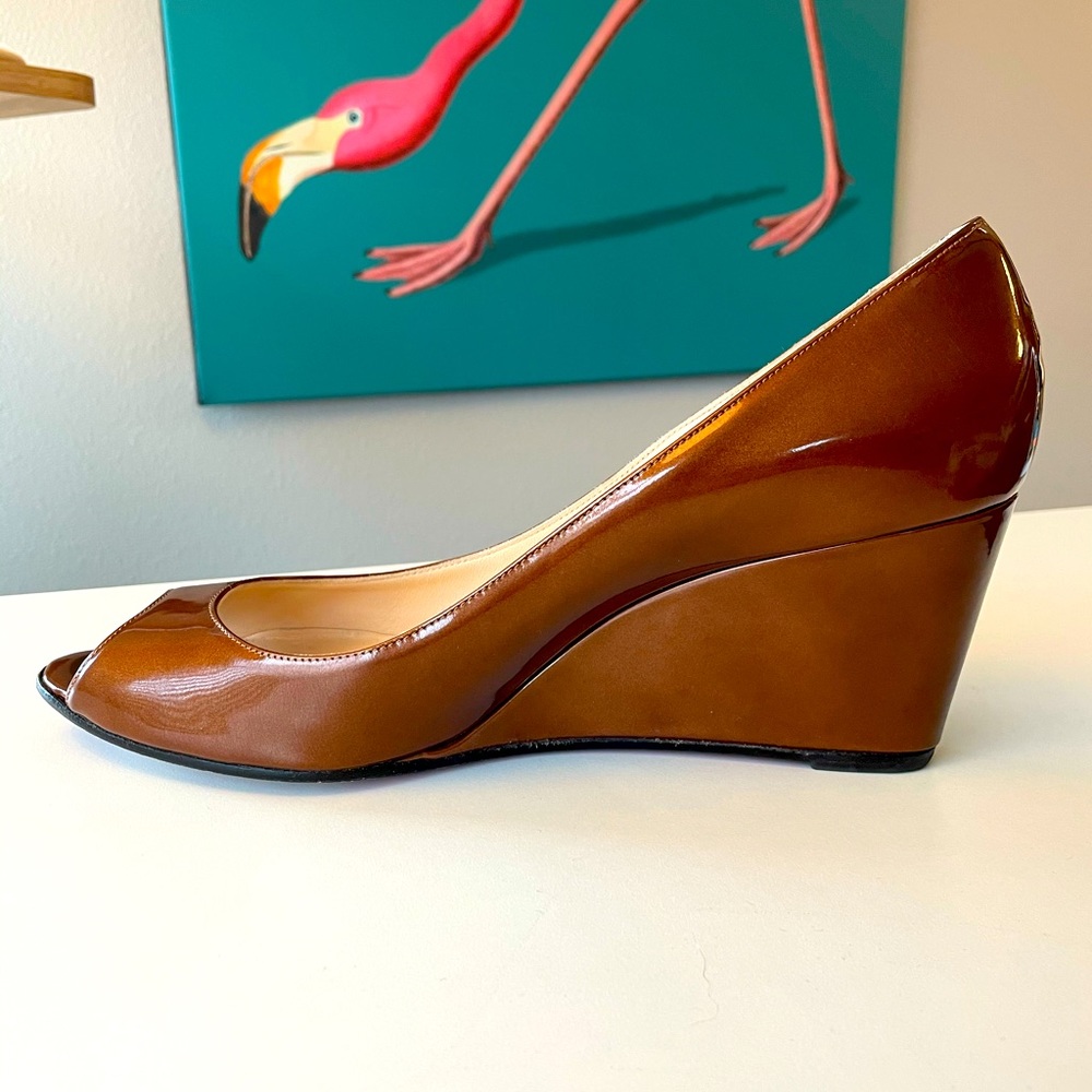 Bronze patent leather peep toe wedge heels